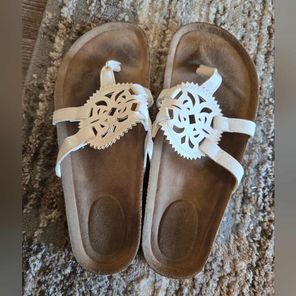 Maurices White and Brown Slide Sandals with Floral Cut-Outs